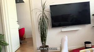 Shocked classmate gives blowjob in bed after graduation.