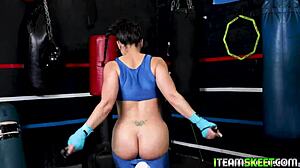 Hot brunette teen in oil fingers pussy and licks tits