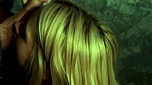 In the glory hole, sexy blonde sarah eagerly swallows a monster cock, her tits bouncing as she deepthroats.