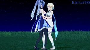 Lumine, Keqing, Mona dominate in wild lesbian futanari hentai