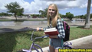 Cute blonde receives a lift from friendly guys