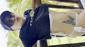 Blonde Latina Shaves Pussy For Handjob While Sucking Big Ass Tattoo