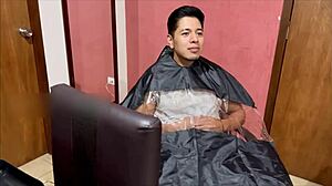 at the barber shop, twink gives blowjob at home