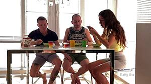 Wife Catches Husband Sucking Friend's Monster Cock Under Table