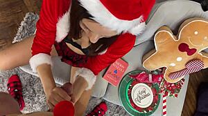 Can you handle this hot European girl's sexy handjob in a miniskirt, followed by her naughty Santa costume play?