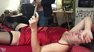 I fuck white amateur milf in red satin dress, black panties, white thong, heels, doggy style, pov ass licking, blowjob, spanking