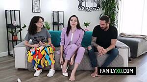 Stepmom and stepdaughter in hot threesome with father-in-law