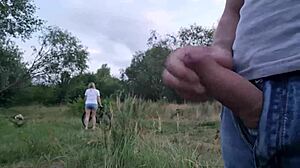 Man Publicly Flashes and Jerks Off Near Unknown Beautiful Girl Who Wants to See Him Cumshot