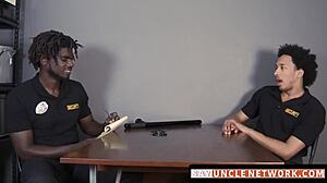 Muscle security officer drills gay guy bareback after blowjob.