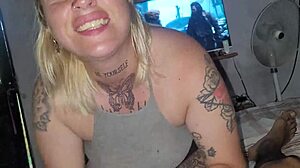 blonde receives massive cum facial in garage