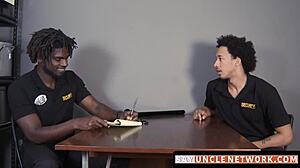 Muscle security officer drills gay guy bareback after blowjob.