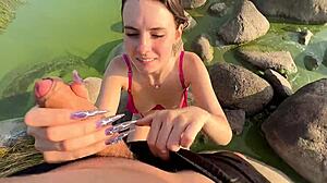 Wet and wild blowjob on the public beach with pretty babe's tight pussy