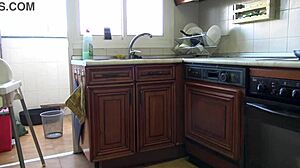 horny brunette teen craves monster cock doggystyle in kitchen. bent over, she gets wild fucking.