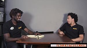 Muscle security officer drills gay guy bareback after blowjob.