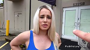 blonde chick takes on monster cock in public spot