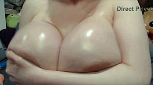 pinky powers fucks massive oiled boobs with dildo
