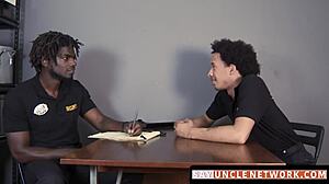 Muscle security officer drills gay guy bareback after blowjob.