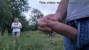 Man Publicly Flashes and Jerks Off Near Unknown Beautiful Girl Who Wants to See Him Cumshot