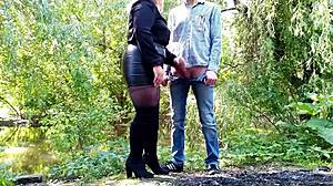 Favorite mother-in-law in leather skirt takes cum load on big ass