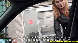 hitchhiking european blonde gets picked up for closeup action