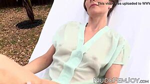 sensual brunette babe undresses outdoors for teasing solo play