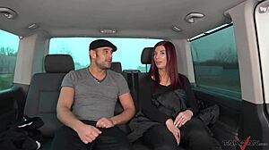 Cigarette break turns wild for shy redhead bent over by stranger in van