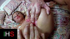 Blonde with clear eyes gets her ass pounded on double bed