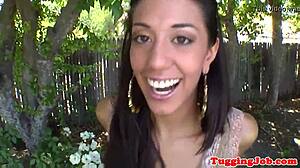 gorgeous teen jerks cock outdoors in pov