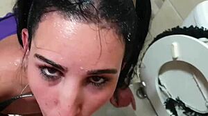 Emo bondage slut dragged to toilet for piss and sucking