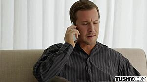 Babysitter Kelsi Monroe in panties and heels gets anal at work. Doggy style leads to cowgirl riding with cum in mouth.