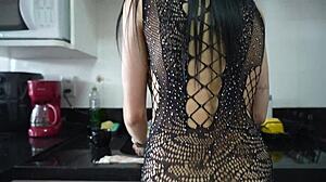 Latina Milf Gets Grabbed From Behind In Kitchen. Brunette Ass And Natural Tits In Interracial Action.