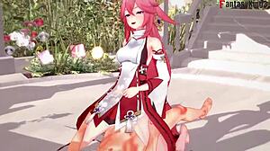 yae miko in wild 3d fantasy sex with pink-haired girl