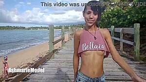 I see a hairy woman bouncing her tits outdoors.