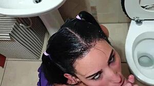Emo bondage slut dragged to toilet for piss and sucking