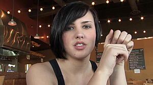 Sexy brunette gets caught naked in risky public interview 😏