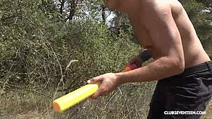 Skinny teen gets stranger to fuck her in the woods