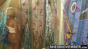 Ebony Babe Undresses in Pool Bathroom