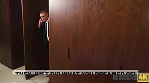 Intense debt fuck with shaved pussy in stockings