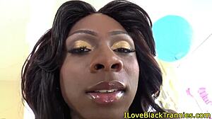 Ebony Shemale Barebacks Hunk's Ass in Stockings Close-Up