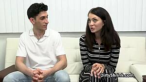 Filling two beautiful pussies during an intense therapy session on the office sofa.