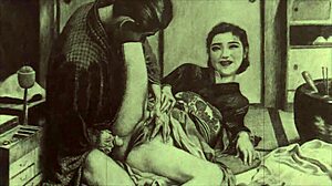 A vintage illustration depicts an erotic scene