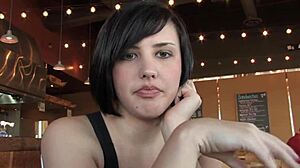 Sexy brunette gets caught naked in risky public interview 😏