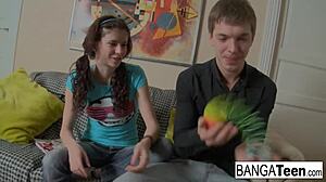 sweet brunette teen lets boyfriend cum inside with toys and fingering