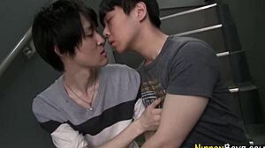 Sucking Japanese twinks in a steamy shower session