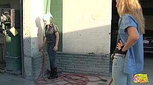 two gay girls licking big clits outdoors by the garage