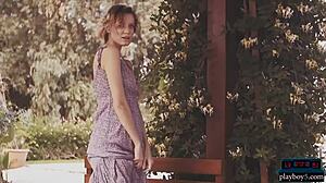 Look at that Russian MILF undressing outdoors! Her shaved pussy is amazing!