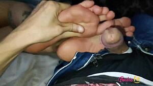 brazilian tattooed guy receives sensual footjob from delicate feet in full masturbation video