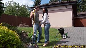 Fetish babe gets soaked in pee during masturbation and blowjob