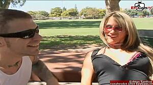 Skinny blonde wife gets cumshot while cuckold watches