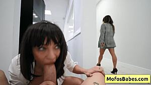 Busty brunette office milf Sasha Pearl sucks Parker Ambroses huge dick in the office